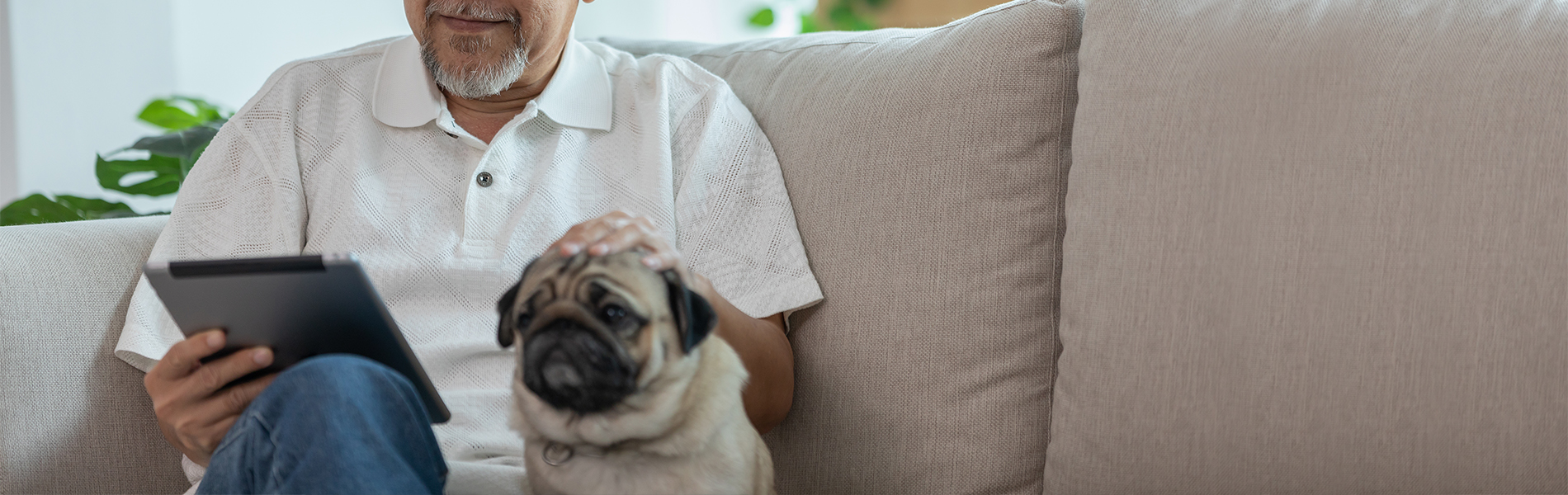 Man reading news on couch